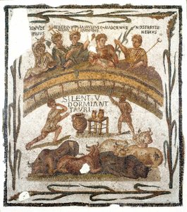 Roomalainen antiikki: "" Amfiteatterin veljeskunnan juhlakohtaus""" Mosaiikki peräisin El Djemistä (tai Jemistä) Tunisiasta. 3. vuosisadalla jKr. Himmeä. 131x145 cm Musee du Bardo, Tunis tekijältä Roman