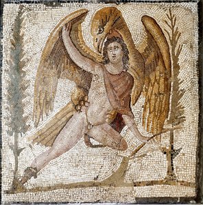 Roomalainen taide: "" Kotka vie Ganymeden""" Mosaiikki keisari Septius Severen perheen huvilasta. 2. vuosisadan loppu JC:n jälkeen. Rooma, Museo Nazionale Romano tekijältä Roman