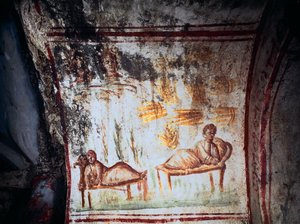 Roomalainen taide: "" Joosefin, Jaakobin pojan unet""" Fresko 4. vuosisadalta. Via Latinan katakombit, Rooma - roomalainen taide. Joosefin unelmia. Fresko, 4. vuosisadalla jKr. Via Latinan katakombi, Rooma, Italia tekijältä Roman