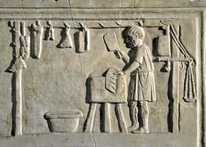 Roomalainen taide: "" lihakauppias kaupassaan"" Basreliefi, roomalainen sivilisaatio, 2. vuosisata jKr., Rooma, Museo della Civilta Romana - Teurastaja työskentelee liikkeessään - Kivireliefi, 2. vuosisadalla jKr. - Rooma, Museo della Civilta Romana tekijältä Roman
