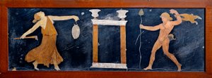 Roomalainen taide: uhka ja satyyri tanssimassa temppelin lähellä. Fresko Casa dei Capitelli doratista Pompejista. 1. vuosisadalla jKr. Napoli, arkeologinen museo tekijältä Roman