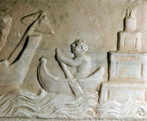 Roomalainen taide: "" merimies ohjaa laivaa Ostian satamassa (Ostia), kaupungin majakka näkyy"" Yksityiskohta reliefistä 1. vuosisadalta jKr. Ostia, Museo Ostiense tekijältä Roman