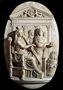 Roomalainen taide: uhrauskohtaus Vestassa (Hestia) Villa Albanista (matala kohokuvio) tekijältä Roman