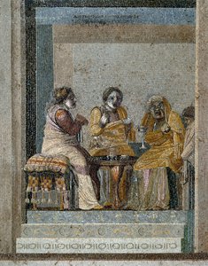 Roomalainen taide: noita ja taikafiltren valmistus. Mosaiikki alkuperäisen Dioscorides of Samoksen (tai Dioscourides) (2. vuosisadalla eKr.) mukaan Ciceronin talossa Pompejissa tekijältä Roman