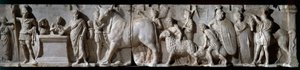 Roomalainen taide: Domitius Ahenobarbusin alttari. 100 eaa. Uhrauskohtaus jumalalle Mars. helpotus marmorilla. Aurinko 2,05 m. Pariisi, Louvre-museo tekijältä Roman