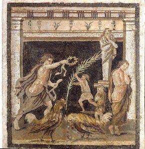 Roomalainen taide: kukkotaistelu palestrassa tappion ja voiton persoonallisuuksien läsnä ollessa. Mosaiikki Villa du Labyrinthista Pompejista. 2. tyyli. Himmeä. 46x42 cm Museo Archeologico Nazionale, Napoli tekijältä Roman