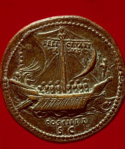 Roomalainen taide: keisari Hadrianuksen (tai Adrienin) (76-138 jKr.) kolikko, joka edustaa keisarillista galeria. 119 jKr. Paris, B.N. tekijältä Roman
