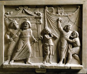 Roomalainen taide: komediateatterikohtaus (komedia) Terencen (Publius Terentius Afer) (185-159 eKr.) teoksesta "Andria", Pompejin reliefi - Museo Archeologico Nazionale Napoli - Kohtaus kreikkalaisesta komediasta Andria, kirjoittanut Terence (Publius Teren tekijältä Roman