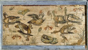 Roomalainen taide: ankka, sammakko ja lumpeet lammessa. Mosaiikki Pompejin eläimistön huvilasta. 1. vuosisadalla. Himmeä. 132x164 cm. Museo Archeologico Nazionale, Napoli tekijältä Roman