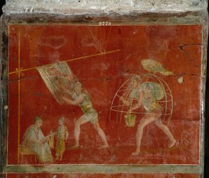 Roomalainen taide: "fullonica""" tai kulutuspinta"" -kohtaus, joka edustaa vaatteiden puhdistusta. Fresko Pompejin huvilasta Fullonica stephani (La fullonica de Stephanus), jota käytettiin pesuhuoneena ja värjäyksenä. Maalausta 1. vuosisadalta jKr. Napoli, tekijältä Roman