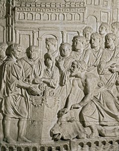 Roomalainen taide: matala reliefi, joka esittää Sarmatin kansalaisia kunnioittamassa roomalaisia. Marc-Aurelen (Marx Aurele) pylvään reliefeistä. 2. vuosisadalla jKr. Rooma, Museo della Civilta Romana tekijältä Roman