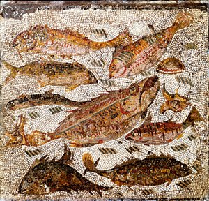 Roomalainen taide: kaloja edustava mosaiikki. 1. tai 2. vuosisadalla jKr. Villa dei Settimiistä Via Cassialla. Rooma, Museo Nazionale Romano -Roomalainen taide: kaloja kuvaava mosaiikki. 1. tai 2. vuosisadalla jKr. Villa dei Settimii, Via Cassia. Kansallin tekijältä Roman
