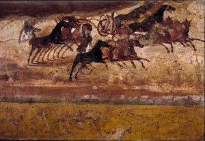 Roomalainen taide: quadrige-rotu. Tuore quadrigen huvilasta. 4. tyyli, Pompei. Napoli, Kansallinen arkeologinen museo tekijältä Roman
