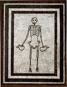 Roomalainen taide: luuranko, jossa on askoja. Mosaiikki tulee Vesuvin alueelta. 4. tyyli. 1. vuosisadalla eaa. Himmeä. 91x70 cm Kansallinen arkeologinen museo, Napoli tekijältä Roman