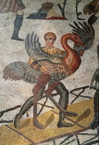 Roomalainen taide: strutsien kuljetus laivoilla lähetetään Roomaan. Yksityiskohta mosaiikista "" Pieni metsästysseura"" 315-350 jKr. Piazza Armerina, Villa Romana del Casale tekijältä Roman