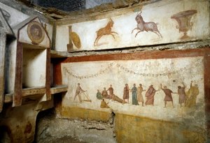 Roomalainen taide: "" nuoret leikkivät""" freskoja koristamassa Via portuensen hautaa. 2. vuosisadalla. Aurinko. h. 90 cm Rooma, Museo Nazionale Romano (o delle Terme) Italia tekijältä Roman