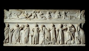 Sarcophagus des Muses: esitys taiteen ja kirjainten muusoista. Marmori veistos. 150 jKr. Pariisi, Louvre-museo. tekijältä Roman