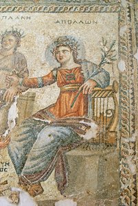 Apollon ja Marsyaksen mosaiikki, Plinius ja Apollon yksityiskohta, Aionin talo, Paphos, Kyproksen mosaiikki tekijältä Roman
