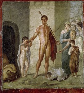 Theseus vapauttaa lapsia Minotauruksesta, Gavius Rufuksen talosta, Pompejista, 4. Pompeilainen tyyli, noin 50-79 jKr.