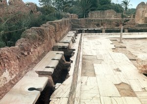 Näkymä yhteiseen käymälään, mahdollisesti osa Hadrianuksen kylpyläkompleksia, noin 127 jKr. tekijältä Roman