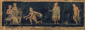 Musiikkikilpailu Apollon ja Marsyaksen välillä, 1. vuosisadalla eKr. ILMOITUS. tekijältä Roman Pompeian wall painting.