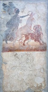 Leijonan läpäisevä aasi, jonka kruunaa jumalatar Victoria, alla graffito, jossa on gladiaattoritaistelu, myymälän merkki. tekijältä Roman Roman