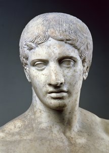 Urheilija, joka tunnetaan nimellä "Doryphorous", pään yksityiskohta, roomalainen kopio Polykleitoksen (fl.c.450-c.415 eKr.) alkuperäisen Pompejissa (marmori) (yksityiskohta 119501) tekijältä Roman Roman