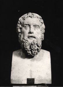 Aristophanesin rintakuva (n. 445 - n. 385 eKr.) (marmori) (mv/w valokuva) tekijältä Roman Roman