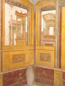 Yksityiskohta freskotetusta seinästä faux-arkkitehtuurissa, Vettii-talo, Pompeiji, Campania, roomalainen sivilisaatio tekijältä Roman Roman