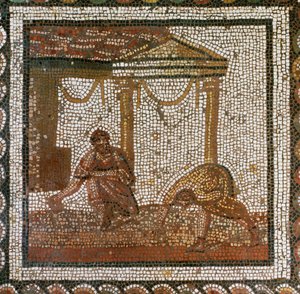 Viljelijät kylvävät papuja (mosaiikki) tekijältä Roman Roman