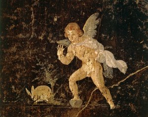 Fresko, joka kuvaa Cupidoa metsästämässä jänistä Pompejista, Napolin maakunnasta, Italiasta, roomalaisesta sivilisaatiosta tekijältä Roman Roman