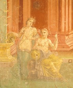 Fresko neljänteen pompeialaiseen tyyliin punaisella taustalla, House of Pinario Ceriale, Pompeiji, Campania, roomalainen sivilisaatio tekijältä Roman Roman