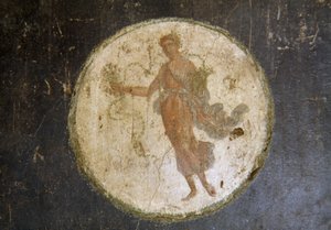 Fresko medaljongilla, oikea siipi House of Vettii -rakennuksessa Pompejissa (UNESCOn maailmanperintöluettelo) tekijältä Roman Roman