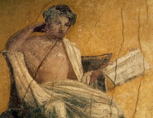 Kreikkalainen näytelmäkirjailija Menander, yksityiskohta freskosta, Menanderin talon perstyle, Pompei, Campania, Italia, roomalainen sivilisaatio tekijältä Roman Roman