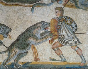 Mosaiikki, jossa näkyy kohtaus pedon metsästyksestä, yksityiskohta gladiaattorista, joka tappaa villieläimen tekijältä Roman Roman