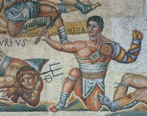 Mosaiikki, jossa näkyy kohtaus taistelevista gladiaattoreista, yksityiskohta voittoisasta gladiaattorista tekijältä Roman Roman