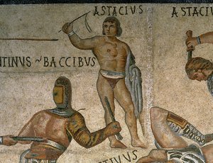 Mosaiikki, jossa on kohtaus taistelevista gladiaattoreista, yksityiskohta panssariin pukeutuneesta gladiaattorista tekijältä Roman Roman