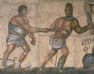Mosaiikki, jossa on kohtaus taistelevista gladiaattoreista, yksityiskohta panssariin pukeutuneesta gladiaattorista tekijältä Roman Roman