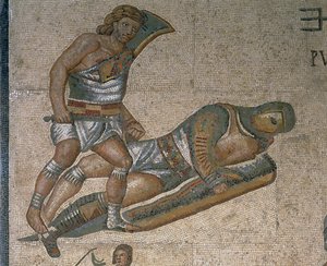 Mosaiikki, jossa on kohtaus taistelevista gladiaattoreista, yksityiskohta panssariin pukeutuneesta gladiaattorista tekijältä Roman Roman