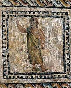 Puhuja elehtii oikealla kädellään (mosaiikki) tekijältä Roman Roman