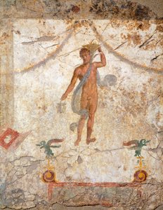 Neljännen Pompeian tyylin maalaus, joka kuvaa neroa korin ja tilan kanssa tekijältä Roman Roman