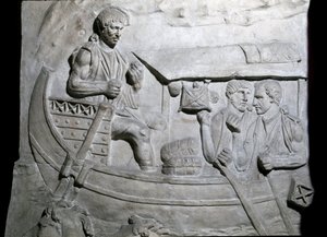 Roomalainen taide: "" Roomalaiset sotilaat laivalla Dacian ensimmäisen sodan aikana"" Muotti vuodelta 1862, joka jäljittelee Roomassa keisari Trajanuksen (53) aikana rakennetun Trajanuksen pylvään (Trajanen pylväs) (Colonna Traiana) bareljefit -117). Traja tekijältä Roman Roman
