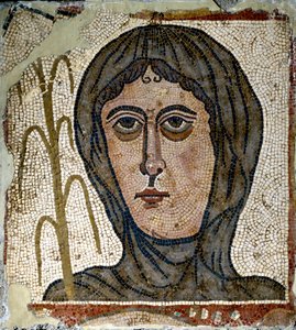 Roomalainen taide: allegoria talvesta naisena, joka käyttää hunnua. 500-luvun mosaiikki. Quintana del Marco (Leon) Espanja Madrid, Kansallinen arkeologinen museo tekijältä Roman Roman