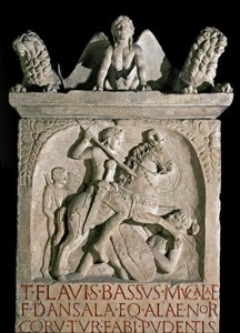 Roomalainen taide: aristokraatin ja roomalaisen poliitikon Flavius Bassus Herculanuksen (tunnetaan noin 449-452) hautausstele 5. vuosisadalta jKr. Rooma, Museo della Civilta Romana tekijältä Roman Roman