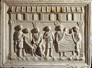 Roomalainen taide: matala kohokuvio, joka edustaa kangasta ja kuvakudoksia. Alkuperäiskappale 2. vuosisadalta jKr. Rooman Museo della Civilta Romana tekijältä Roman Roman