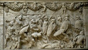 Roomalainen taide: roomalaisten ja gallialaisten välisen taistelun kohtaus. Jäljennös matalasta kohokuviosta Glanumin mausoleesta. Galloromain hautausmonumentti rakennettiin vuosina 30–20 eKr. kunniaksi Juliuksen perheelle. Rooma, Museo della Civilta Roman tekijältä Roman Roman