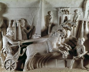 Roomalainen taide: veistoksellinen quadrigea edustava kohokuvio, neljän hevosen vetämät vaunut. Rooman antiikin museo, Rooma tekijältä Roman Roman