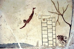 Roomalainen seinämaalaus haudasta nimeltä sukeltaja (tuffatore). tekijältä Roman Roman