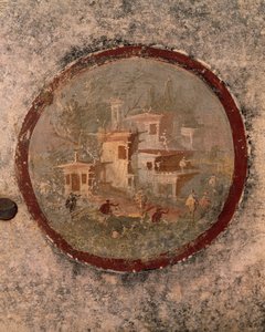 Pyöreä taloja ja rakennuksia, yksityiskohta freskosta House of Centenary, Pompei, Campania, roomalainen sivilisaatio tekijältä Roman Roman