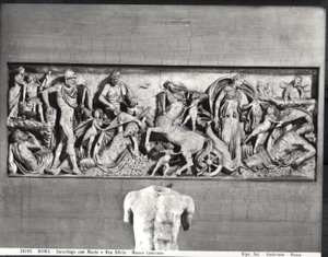Sarkofagi, joka kuvaa Marsia ja Rhea Silviaa (marmori) (m/w kuva) tekijältä Roman Roman